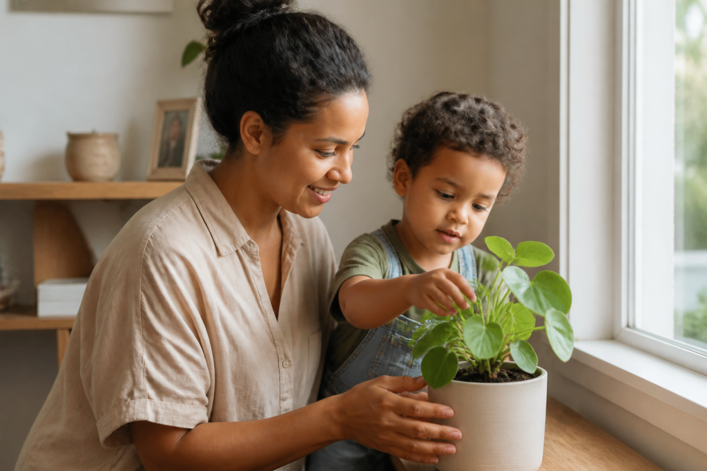 Uma criança observa uma planta perto da janela ao lado de um adulto em um ambiente acolhedor.