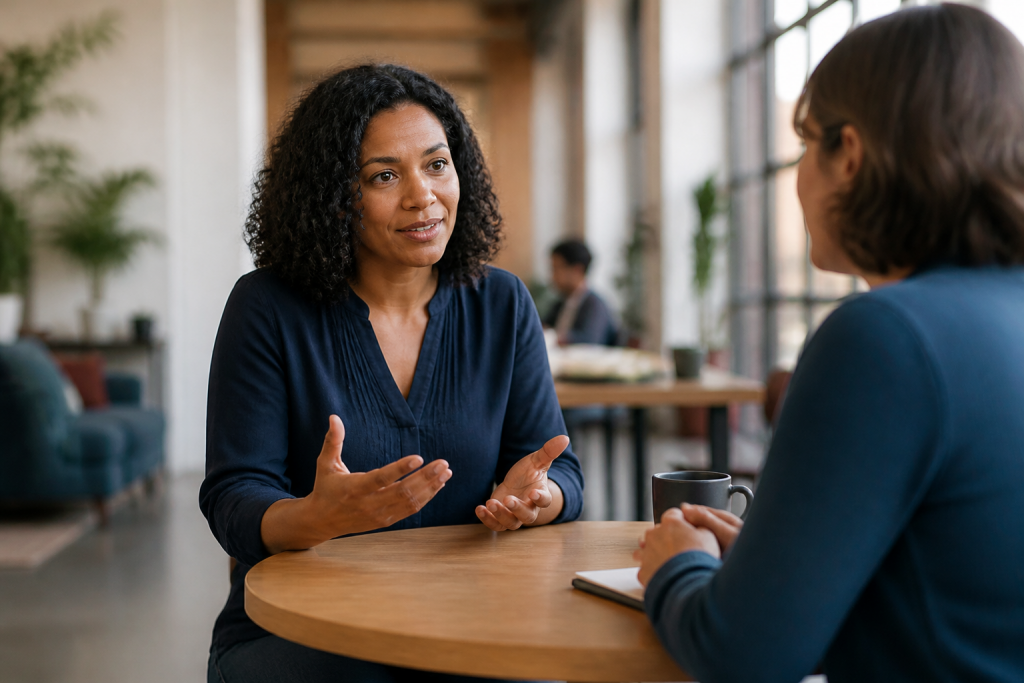 Uma mulher conversa com um colega, expressando suas ideias com confiança.