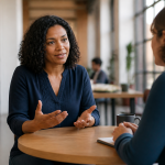Como defender seus interesses e estabelecer limites Uma mulher conversa com um colega, expressando suas ideias com confiança.