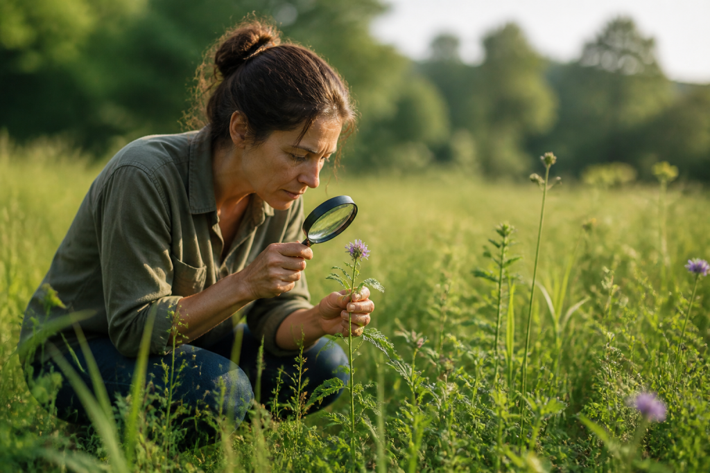 Uma mulher observa de perto uma flor silvestre em um campo verde.