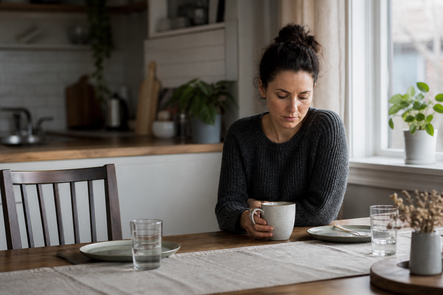 Uma mulher pensativa sentada à mesa da cozinha, refletindo em silêncio.