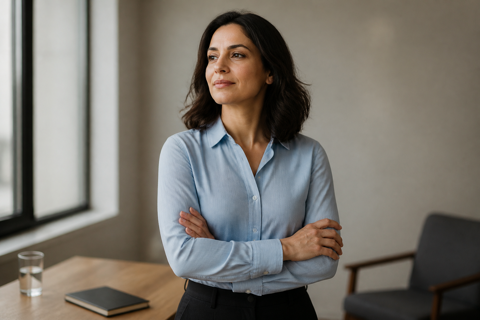 Uma mulher se prepara para uma reunião com postura tranquila e confiante.