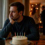 Tristeza no aniversário: causas e como lidar Uma pessoa adulta sentada em silêncio diante de um bolo de aniversário, com uma comemoração desfocada ao fundo.