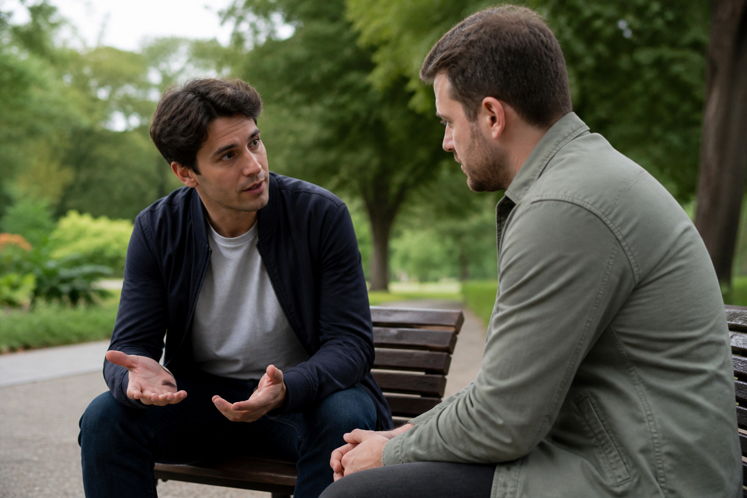 Uma pessoa conversa com um amigo em um parque, demonstrando preocupação e escuta.