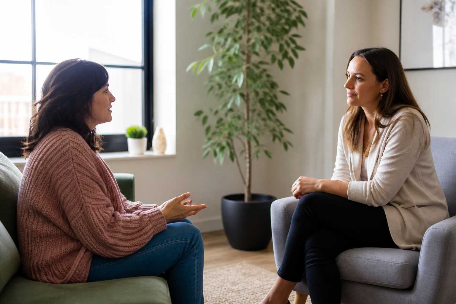 Uma pessoa conversa com uma profissional de saúde mental em um consultório acolhedor.