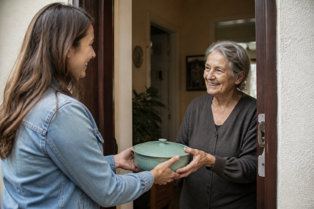 Uma pessoa entrega uma refeição a uma vizinha idosa à porta de casa, em um gesto de cuidado e solidariedade.