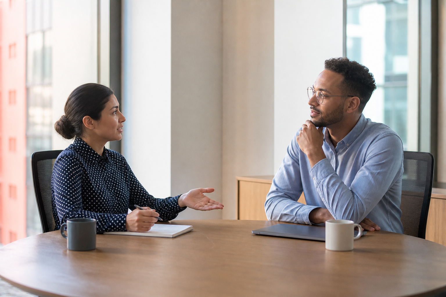 Uma pessoa fala com calma enquanto a colega escuta atentamente durante uma conversa de trabalho.