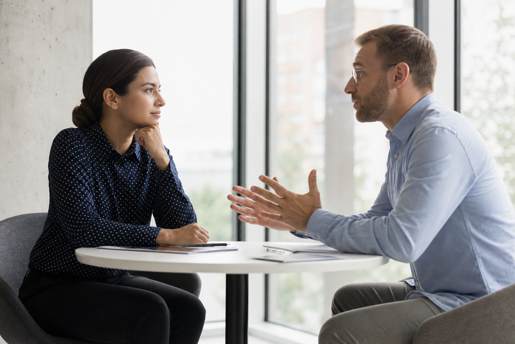 Uma pessoa mantém a calma enquanto conversa com um colega visivelmente irritado em um escritório.