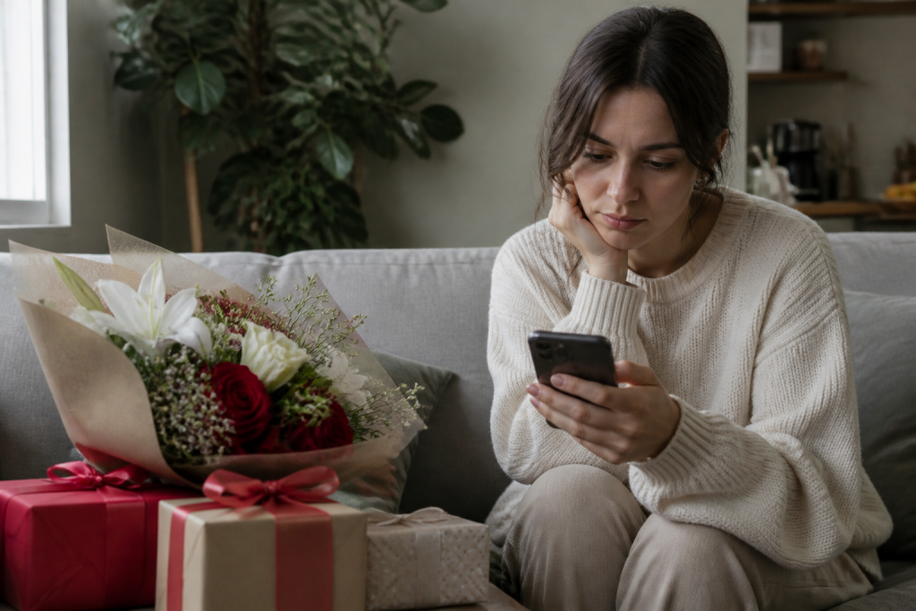 Uma pessoa sentada ao lado de presentes e flores olha para o celular com expressão pensativa e um pouco sobrecarregada.