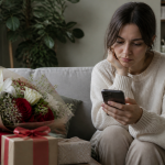 Bombardeio de amor: sinais de manipulação emocional Uma pessoa sentada ao lado de presentes e flores olha para o celular com expressão pensativa e um pouco sobrecarregada.