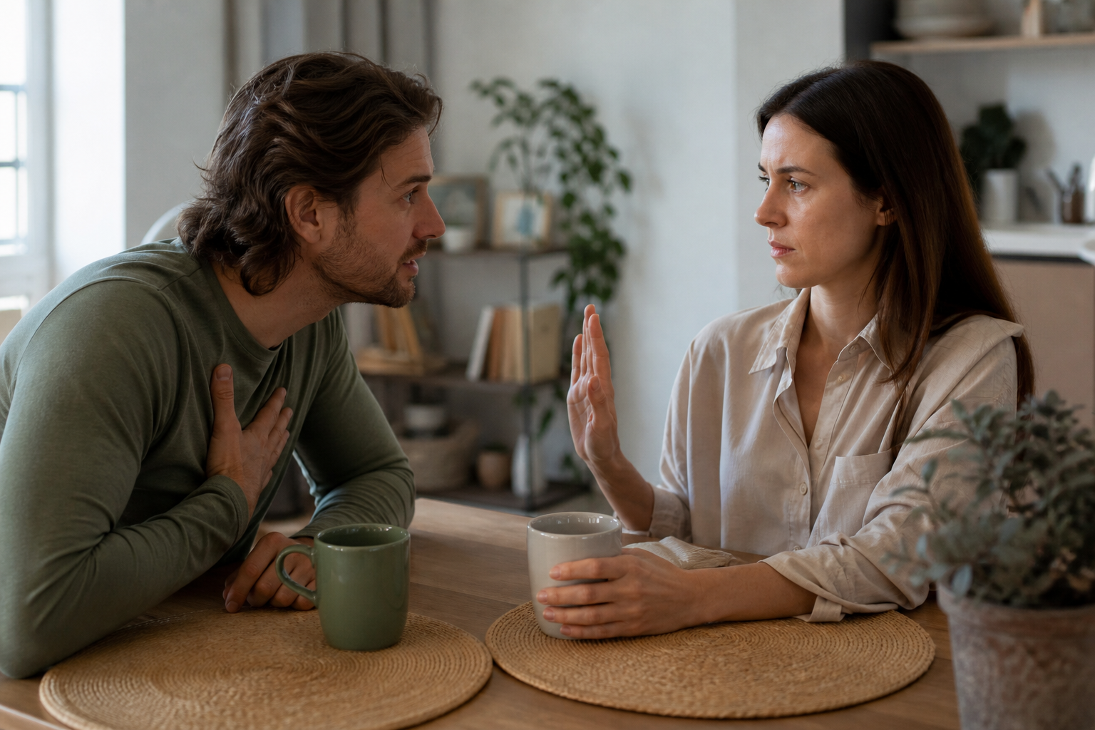 Uma pessoa sinaliza que precisa de espaço durante uma conversa, enquanto a outra se inclina para a frente com intensidade.