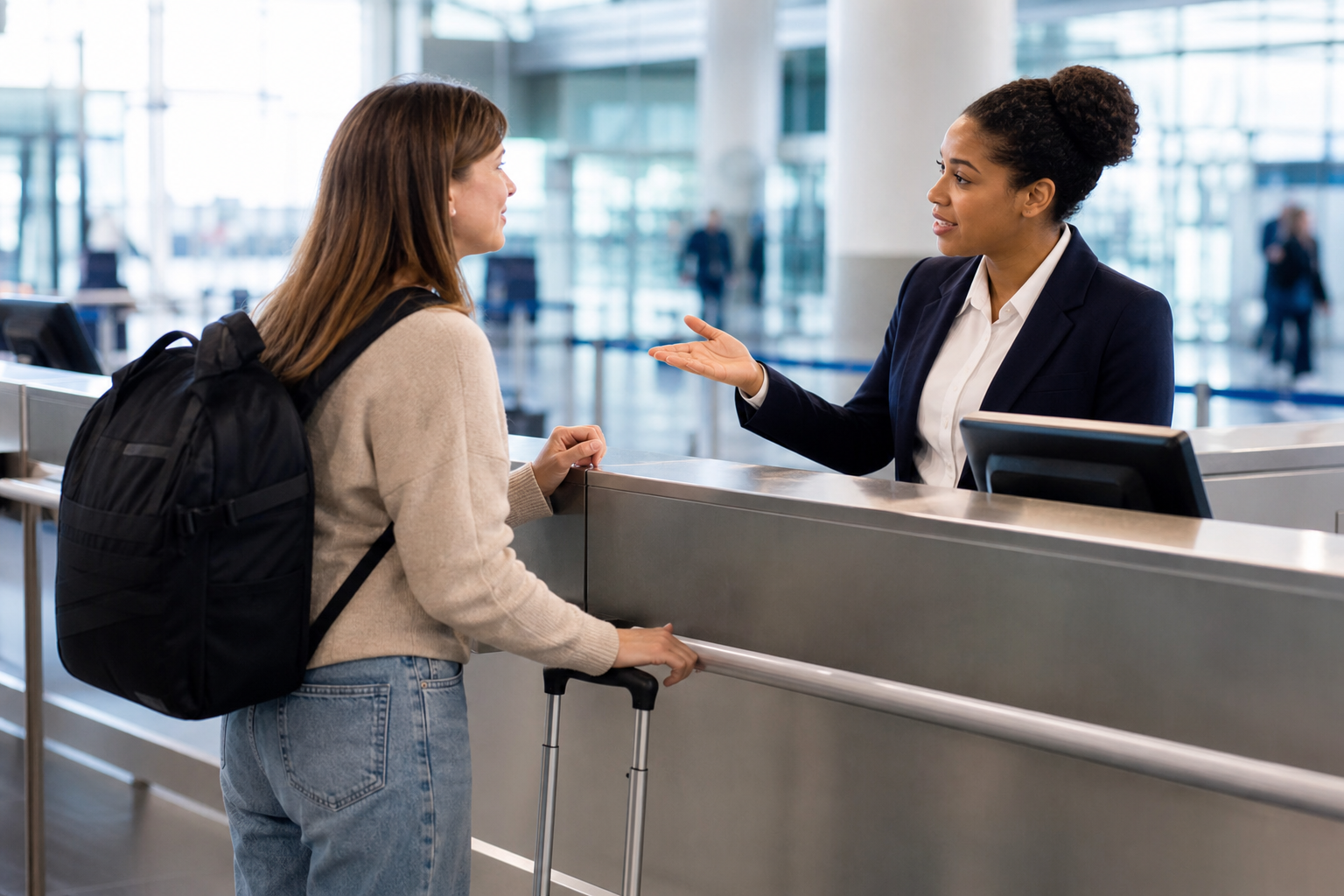 Uma viajante conversa com atenção com um funcionário no balcão do aeroporto antes do embarque.
