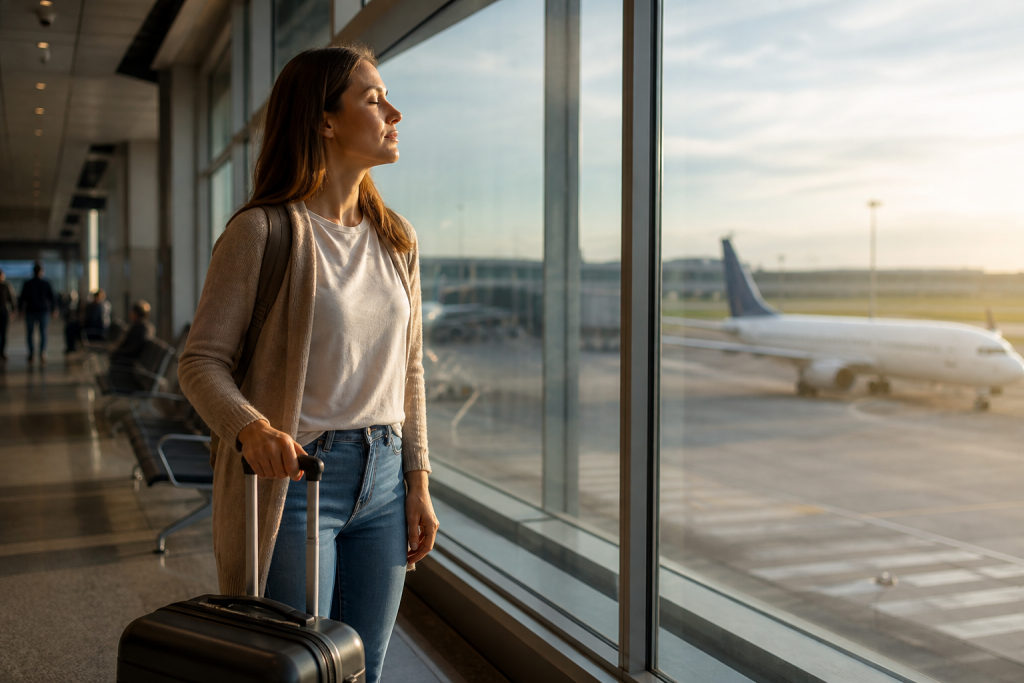 Uma viajante faz uma pausa para respirar junto à janela do aeroporto antes de embarcar.