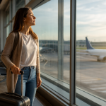 Como viajar com claustrofobia: dicas e tratamentos Uma viajante faz uma pausa para respirar junto à janela do aeroporto antes de embarcar.