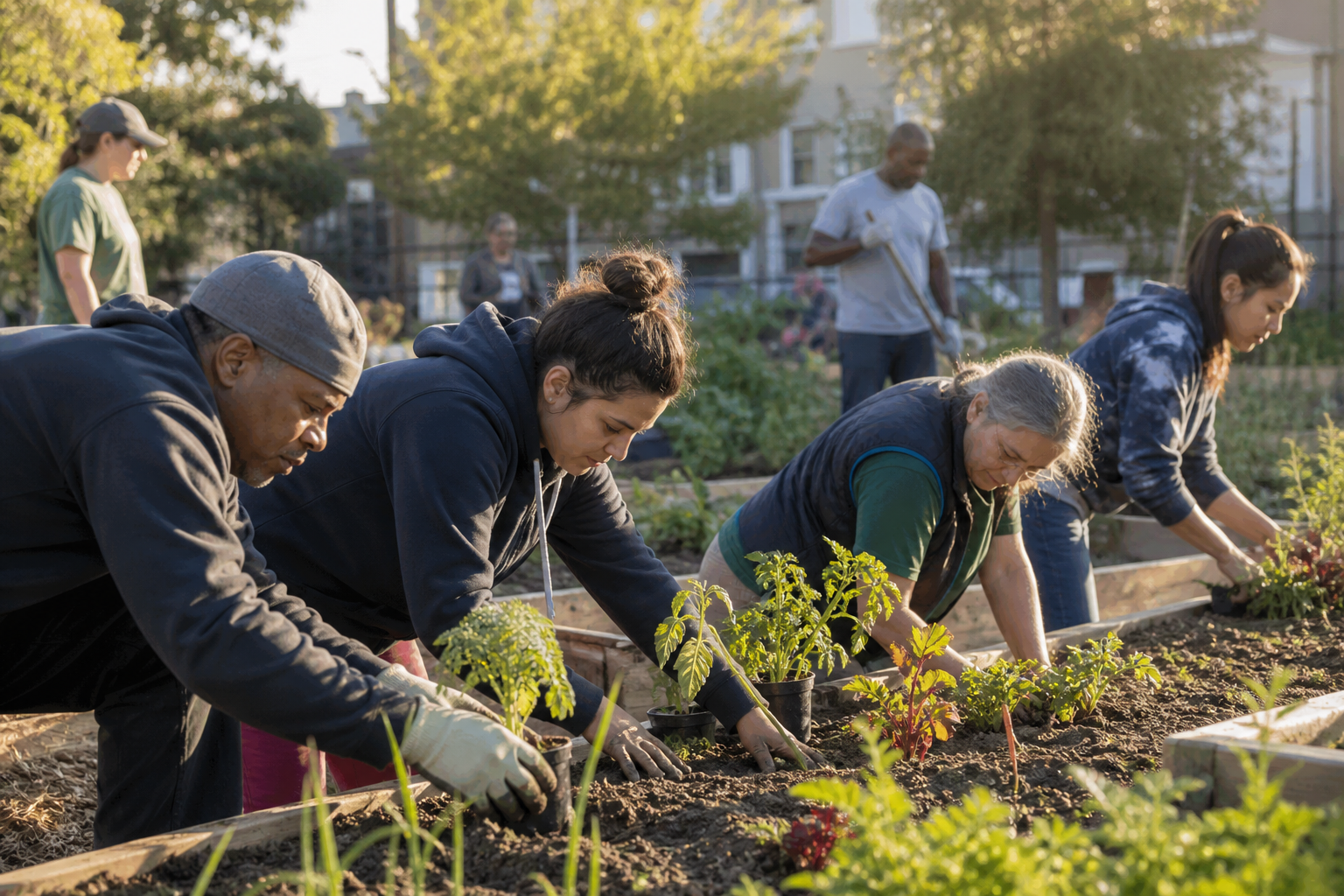 Voluntários de diferentes idades cuidam juntos de uma horta comunitária.